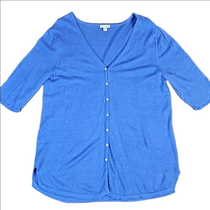 J. Jill Linen Blend Cornflower Blue V-Neck Button Front Half Sleeve Car…